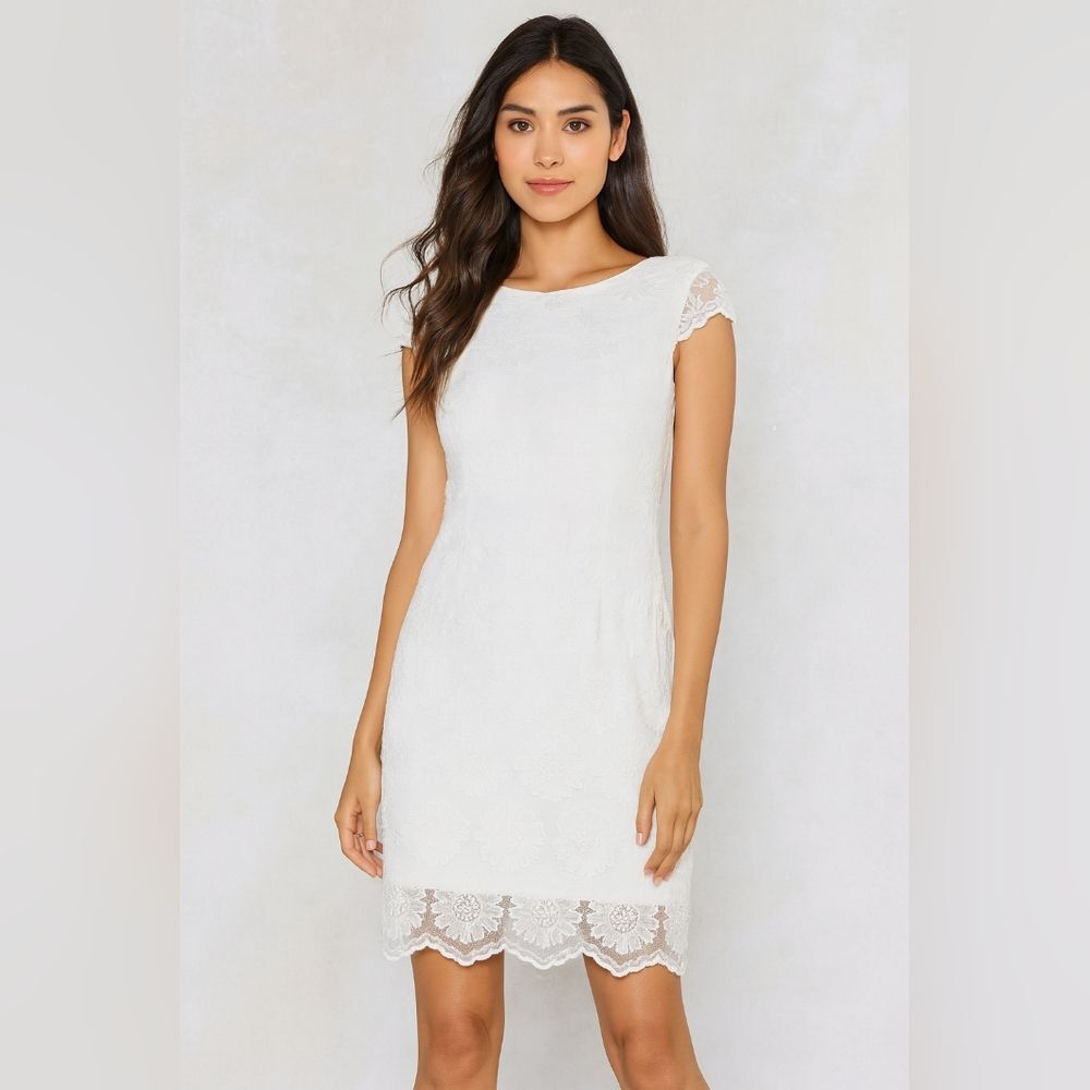NWT Dress White Lined Women's 12 S/S Lace Overlay Round Neck Knee Length